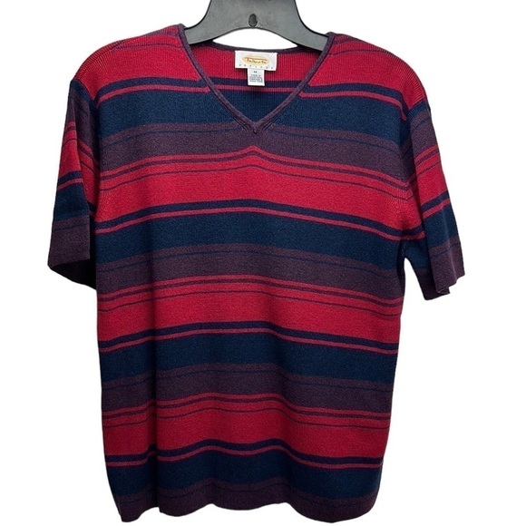 Vtg Talbots Petites Striped Short Sleeve Knit Sweater Top Mp V Neck Soft Crop - Picture 1 of 9